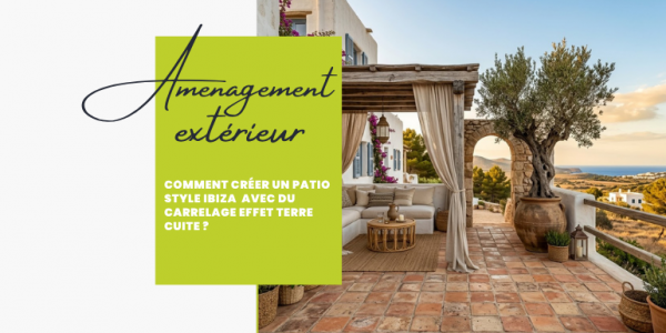 Vue d'ensemble aspirationnelle d'un patio style Ibiza baigné de soleil, combinant murs blancs, pergola en bois et un sol authentique en carrelage terre cuite vieillie.