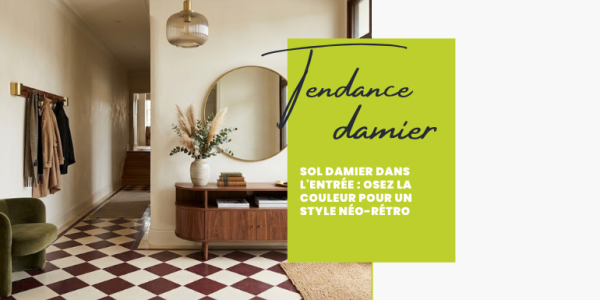 Entrée chic avec un sol en damier crème et bordeaux de style néo-rétro.